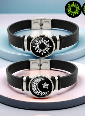 日月恋人黑色皮革情侣手链男女通用欧美时尚个性手环饰品礼物
