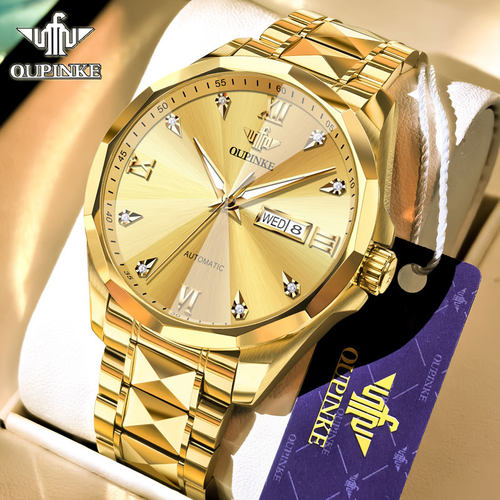 瑞士正品牌18K金色手表男机械表