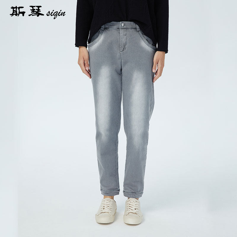 斯琴女士春秋浅灰棉质微弹水洗紧身小脚铅笔牛仔裤长裤 ckq1912