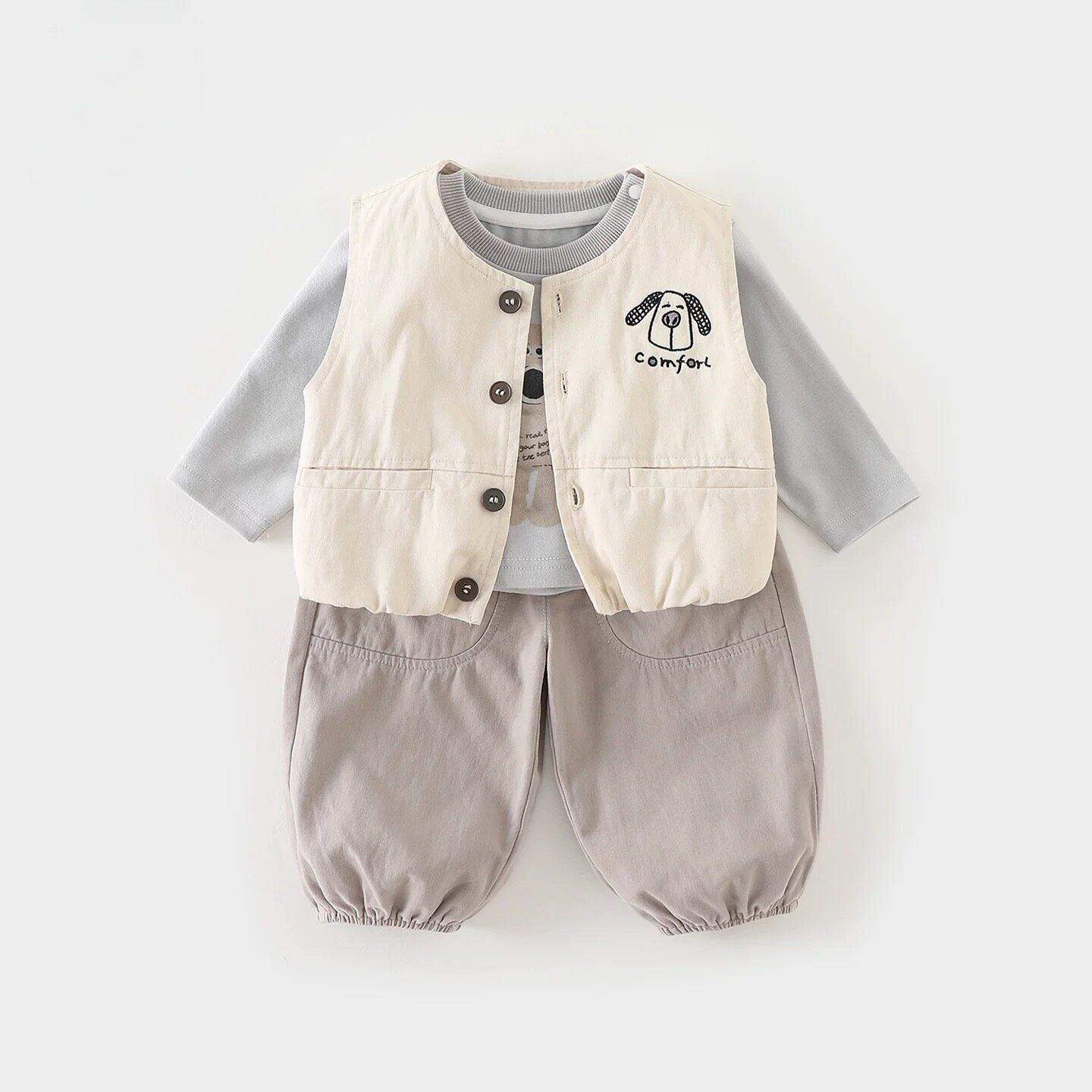 慕小橙男童套装春秋季2026新款儿童帅气卡通马甲女宝宝休闲三件套