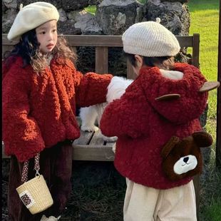 慕小橙儿童羊羔绒小熊外套宝宝秋冬新款女童可爱毛毛衣兄妹拜年服