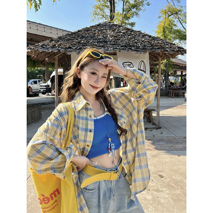 海盐菠萝美式格子衬衫女春季新款长袖宽松慵懒感防晒上衣韩系外套