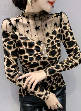 实拍春季蕾丝印花网纱豹纹拼接镶钻长袖女上衣恤T恤常规GR6206