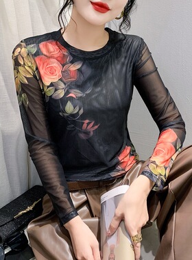 宽松款春季圆领印花定位花网纱长袖恤女修身显白打底衫T恤YJ8759#