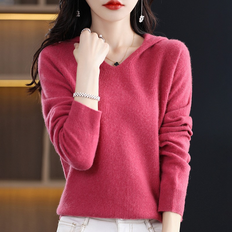 无缝一线成衣连帽长袖针织衫女士