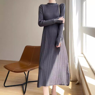 安迪绒针织连衣裙女自带领通勤气质休闲纯色简约套头字长裙毛衣