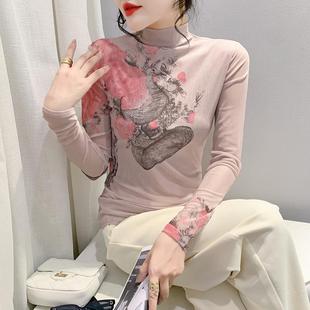 高领网纱恤女定位花上衣实拍T恤HD0929 洋气长袖 时尚 欧货欧货女装