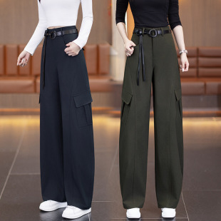 子休闲裤 工装 军绿色多口袋显瘦百搭休闲长裤 女秋季 风高腰阔腿裤