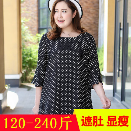 加肥大女装胖妈妈夏五分袖薄上衣 200斤胖MM宽松遮肚波点雪纺小衫