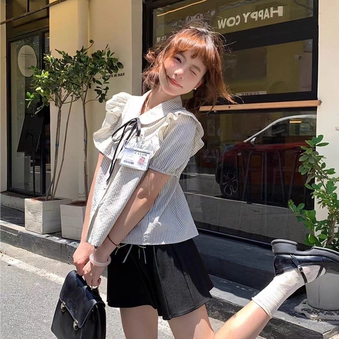 学院风套装女短袖条纹衬衫+黑色A字裙两件套