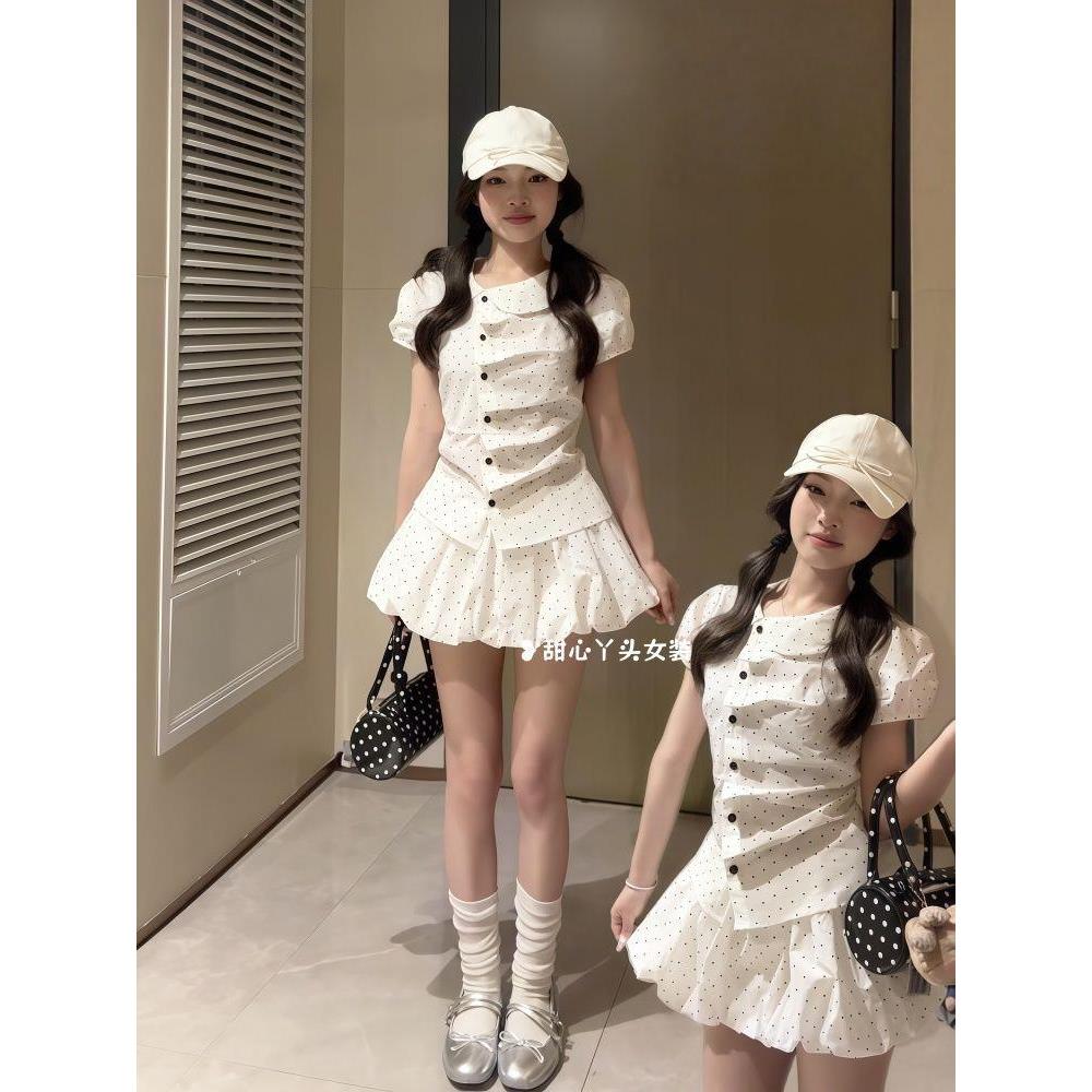韩系甜美波点衬衫连衣裙子女夏季2026新款miu系小个子花苞裙套装