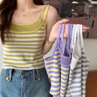 修身 ins风小清新拼色条纹针织背心胖MM大码 显瘦吊带上衣 韩版 夏季