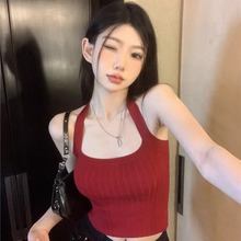 复古港风红色挂脖绑带背心女胖妹妹大码夏季针织吊带打底上衣ins