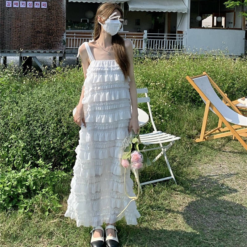 大码夏季新款拼接层次感无袖连衣裙度假蛋糕裙宽松显瘦吊带裙女