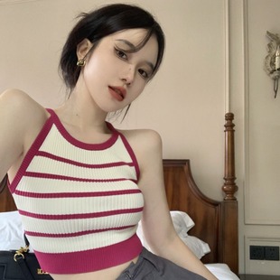 泫雅ins风拼色条纹辣妹吊带背心大码女装夏季胖妹妹显瘦针织上衣