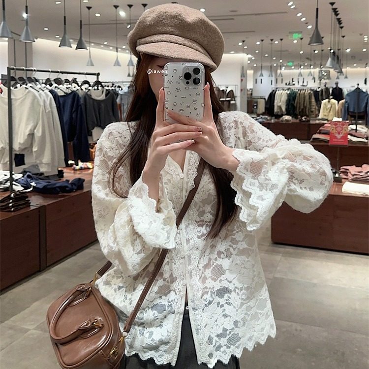 大码胖mm网纱钩花镂空V领蕾丝衫女时尚春秋季新款外搭开衫上衣
