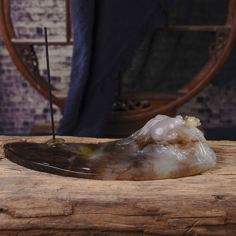 玉神工艺玉雕大师精品独山玉香道文房荷花金鱼香插摆件双鱼戏莲