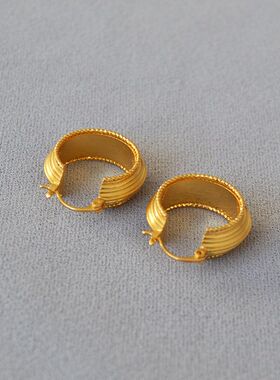 法式小众简约复古条纹齿轮金珠花边黄铜镀金气质耳环耳饰青岛饰品