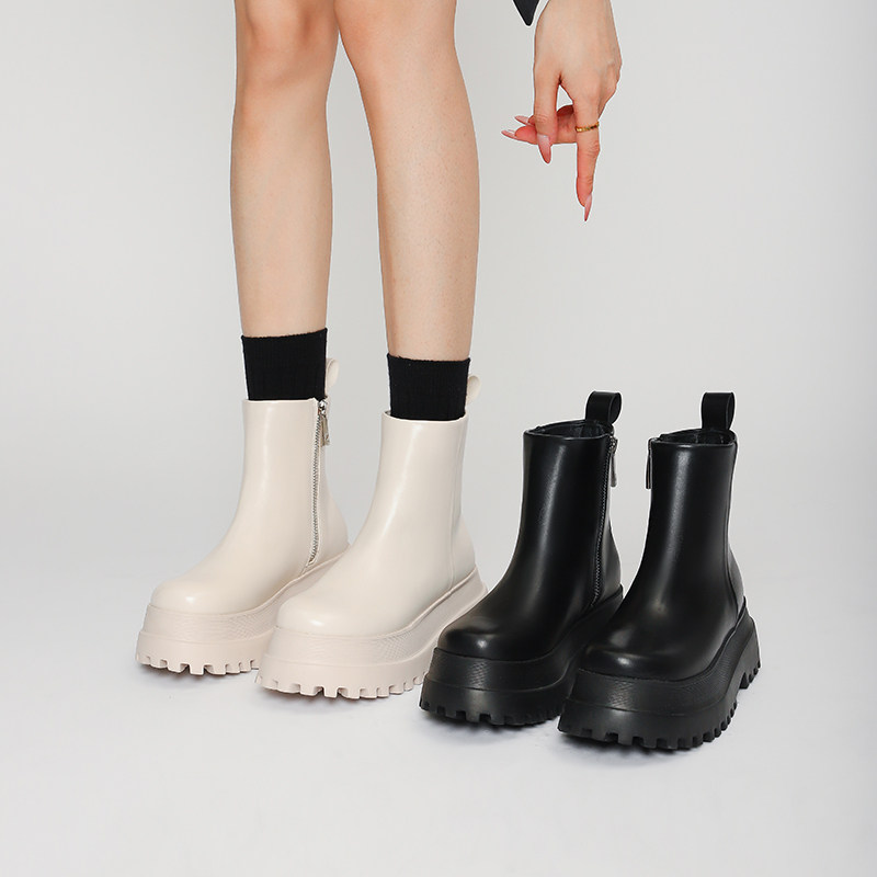 HONG KONG CHELSEA BOOTS WOMENS FALL-WINTER 2024 PLATFORM HEIGHTENED FLATFORM BOOTS GENUINE LEATHER SIDE ZIPPER MARTIN BOOTS