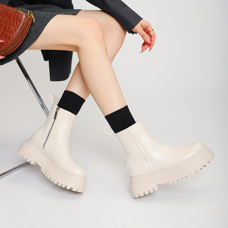 HONG KONG CHELSEA BOOTS WOMENS FALL-WINTER 2024 PLATFORM HEIGHTENED FLATFORM BOOTS GENUINE LEATHER SIDE ZIPPER MARTIN BOOTS