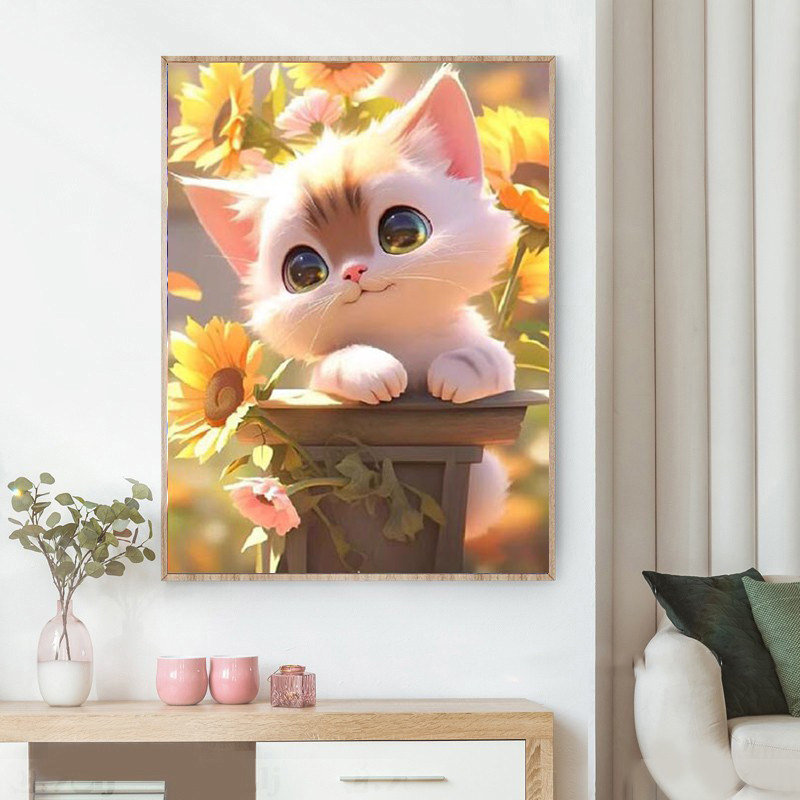 向日葵猫咪动物钻石画2025新款5d满钻手工diy贴钻带框客厅装饰画,居家布艺,钻石绣,淘宝优惠券,粉丝福利购,淘宝优惠卷