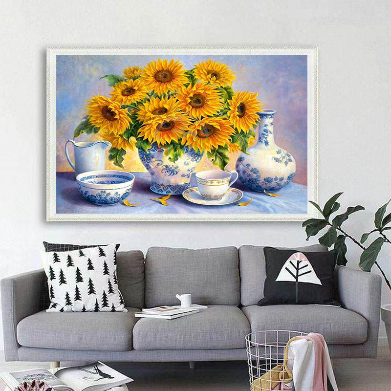 向日葵花瓶钻石贴画2025新款5d满钻手工diy点贴砖带框客厅十字绣,居家布艺,钻石绣,淘宝优惠券,粉丝福利购,淘宝优惠卷