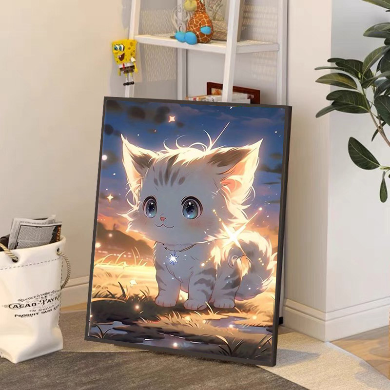 夏天黄昏小猫咪钻石画2025新款满钻手工diy贴钻带相框装饰画,居家布艺,钻石绣,淘宝优惠券,粉丝福利购,淘宝优惠卷