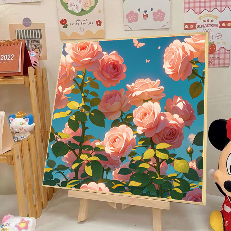 美丽玫瑰花十字绣2025新款满钻diy手工钻石贴带相框客厅装饰画