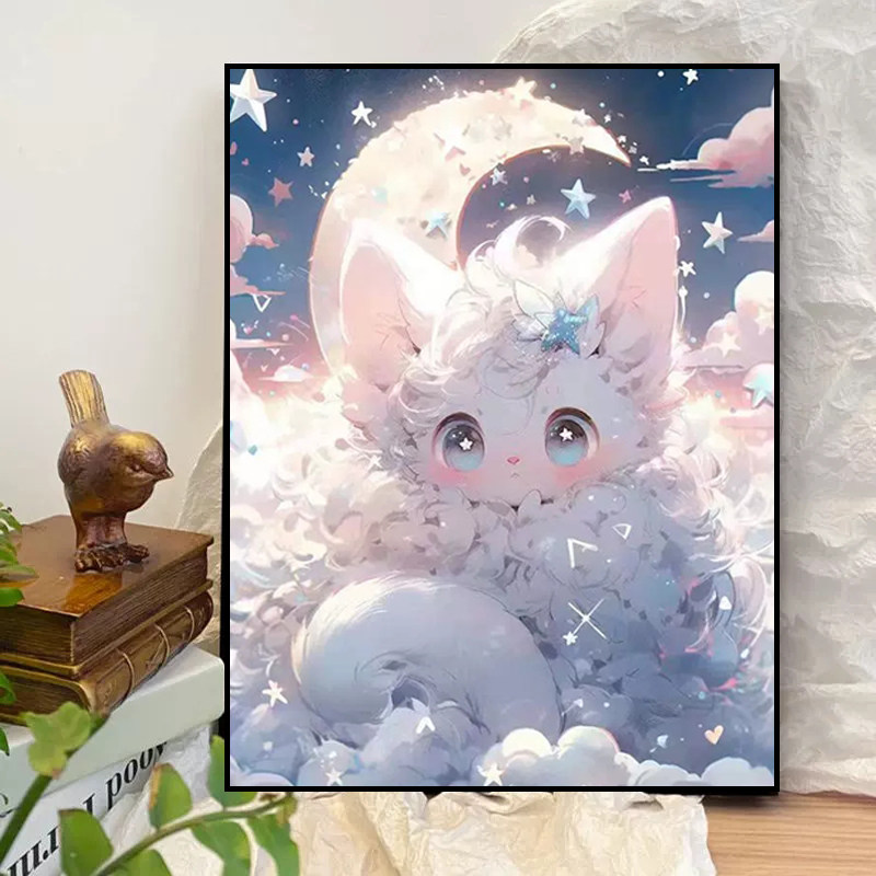 月光下猫咪钻石贴画2025新款满钻手工diy贴砖带框卧室小幅十字绣,居家布艺,钻石绣,淘宝优惠券,粉丝福利购,淘宝优惠卷