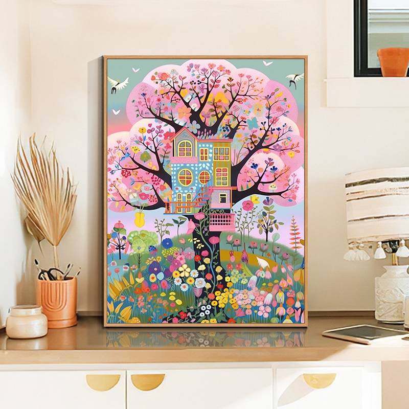 浪漫粉色花房钻石画2025新款5d满钻手工diy点贴砖带框客厅装饰画,居家布艺,钻石绣,淘宝优惠券,粉丝福利购,淘宝优惠卷