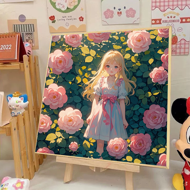 月季玫瑰小女孩十字绣2025新款diy手工贴钻带相框客厅装饰画