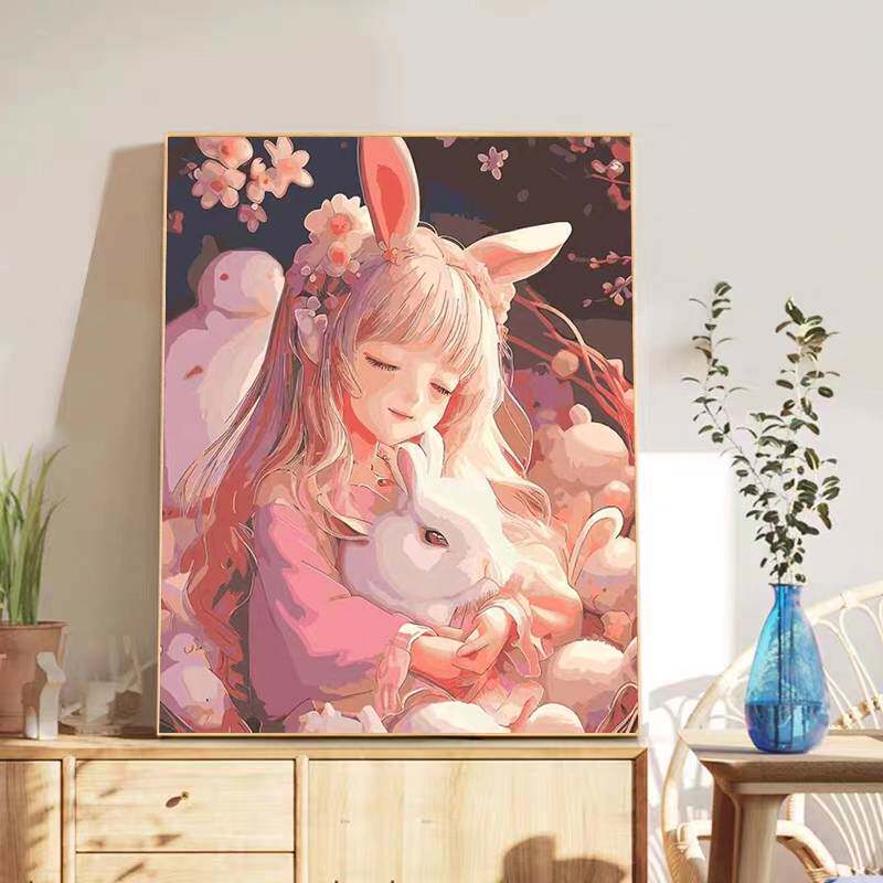 桃花兔兔女孩钻石画满钻2023新款唯美卡通客厅手工自己粘贴钻小件