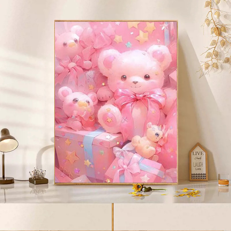 卡通粉色小熊钻石画2025新款5d满钻手工diy粘贴砖带框卧室装饰画,居家布艺,钻石绣,淘宝优惠券,粉丝福利购,淘宝优惠卷