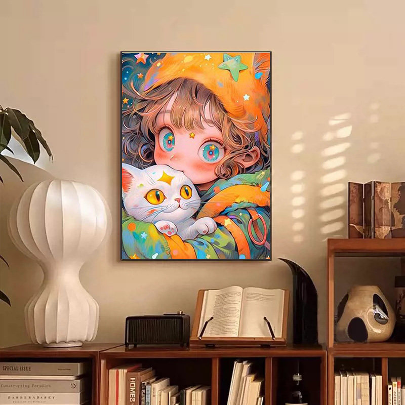 卡通抱猫女孩十字绣2025新款满钻手工diy钻石贴画带框卧室装饰画,居家布艺,钻石绣,淘宝优惠券,粉丝福利购,淘宝优惠卷