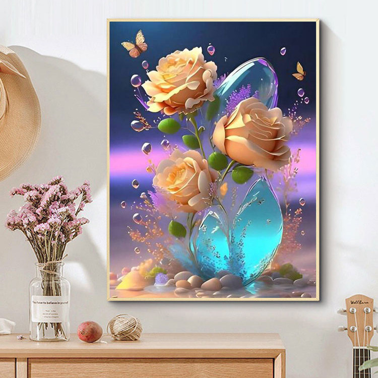 金色玫瑰花钻石画2025新款满钻手工diy贴钻带相框小幅十字绣,居家布艺,钻石绣,淘宝优惠券,粉丝福利购,淘宝优惠卷