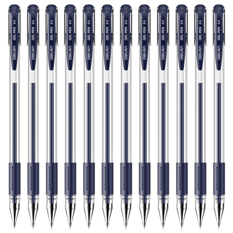 得力黑色中性笔签字笔芯 0.5mm 6600ES碳素笔蓝色中性笔12支装
