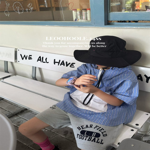 LEOOHOOLE | 哦哦乐 夏日清新日式竖条纹连帽大口袋短袖衬衫