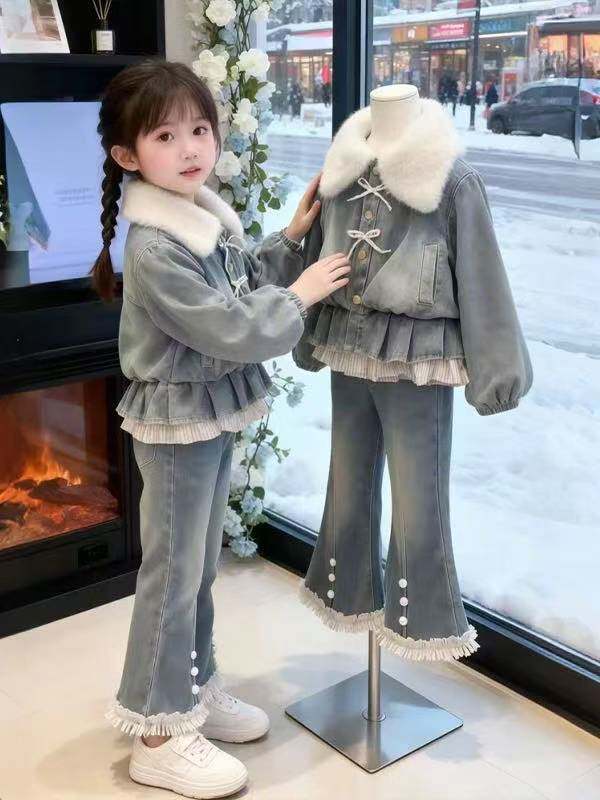 女童2026新款春装加绒加厚套装牛仔韩版洋气外套喇叭裤两件套百搭