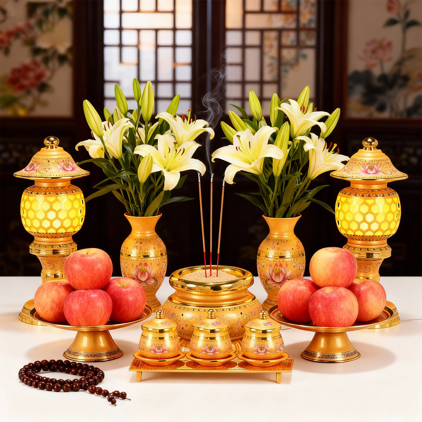 莲花供水杯供花瓶供奉果盘合金供佛香炉家用供具佛具用品大全套装