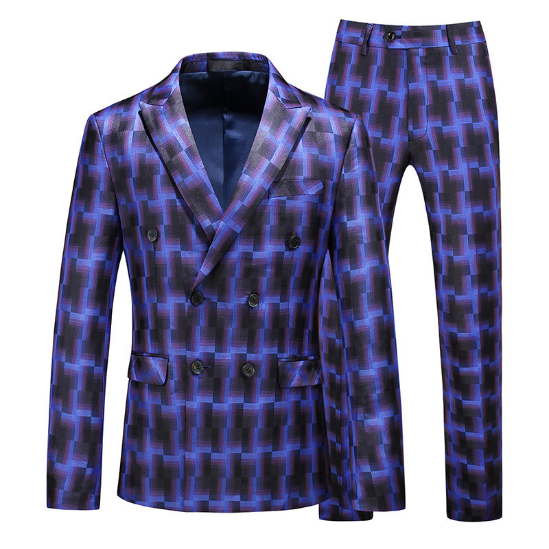 主推男士支架修身双排扣西服两件套外贸跨境717蓝色p185，男装西服，星座1616