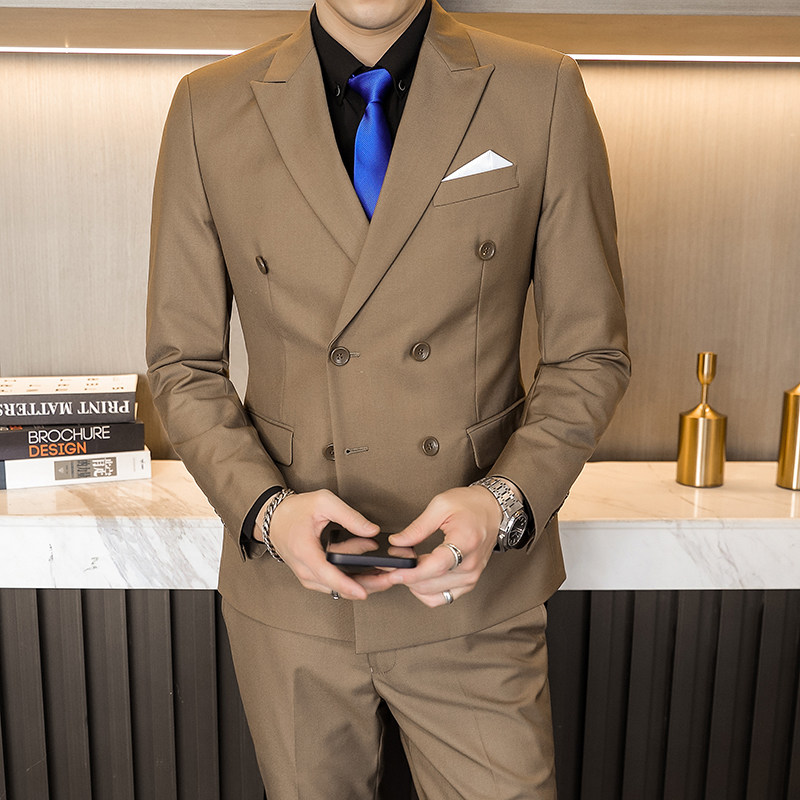 主推款模特男士大码西服三件套双排扣10个色外贸跨境7110卡其p188,男装西服,星座1616