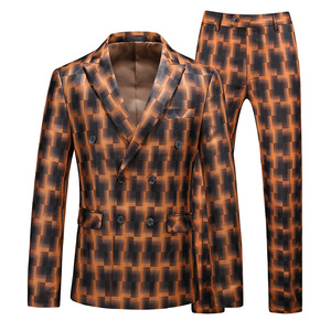 主推男士镂空修身双排扣西服两件套外贸跨境717橘色p185,男装西服,星座1616