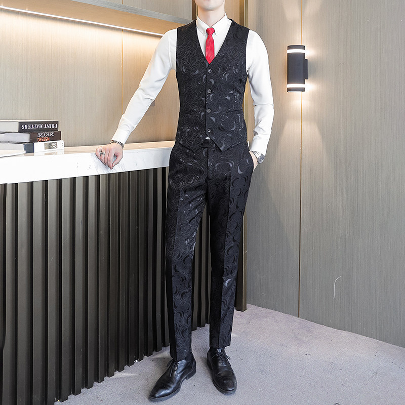 外贸长期做货结婚白色花礼马甲两件套装男镂空修身MJ8660*P130,男装休闲套装,星座1616