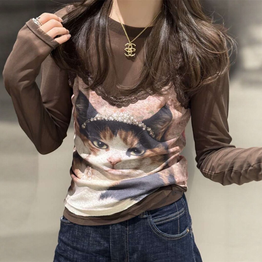 猫咪珍珠印花网纱长袖T恤女上衣