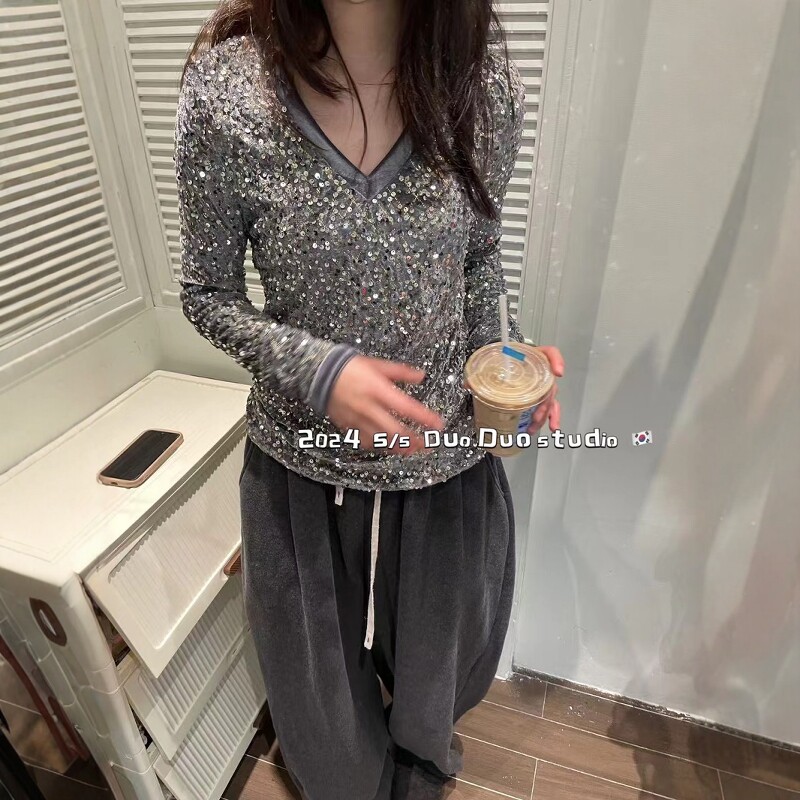 V领长袖全身闪闪亮片T恤女打底衫