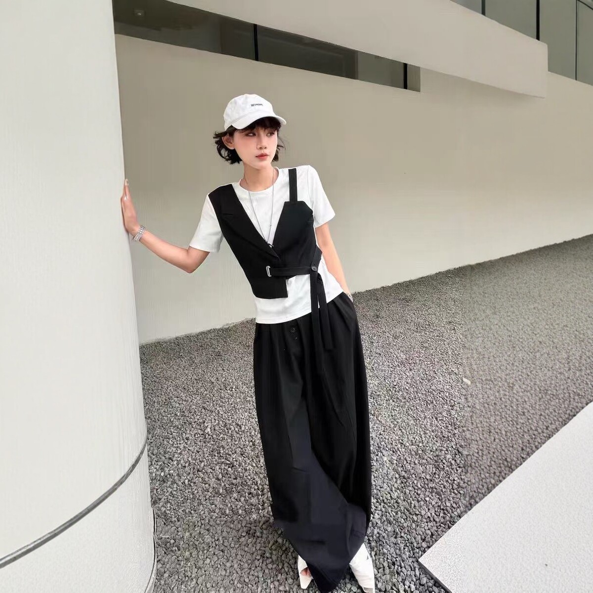 韩系圆领短袖T恤女2026夏季新款欧洲站拼接西装布假两件飘带上衣