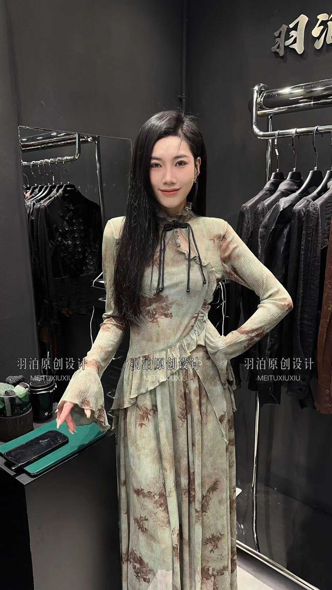 立领复古不规则荷叶边褶皱T恤女欧洲站中国风修身显瘦时尚上衣潮