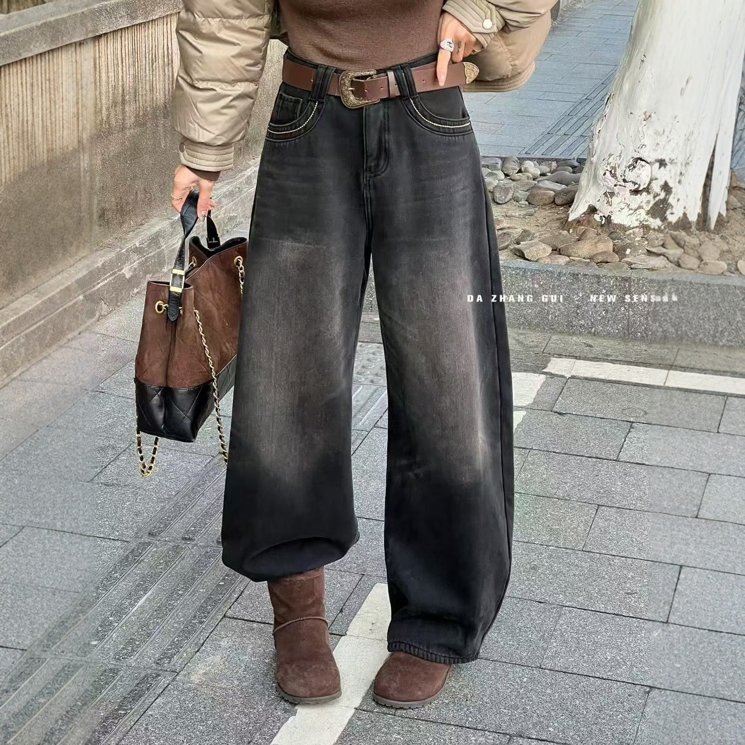 韩系裤脚设计感高腰阔腿牛仔裤女秋冬宽松小众直筒拖地长裤子9918,女装/女士精品,牛仔裤,淘宝优惠券,粉丝福利购,淘宝优惠卷