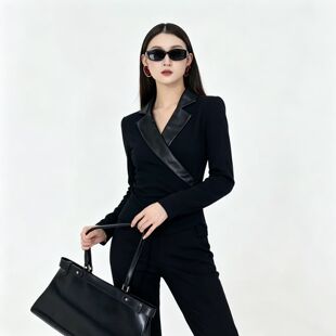 极简风西装领长袖t恤女2026新款秋季欧洲站褶皱收腰显瘦女士小衫