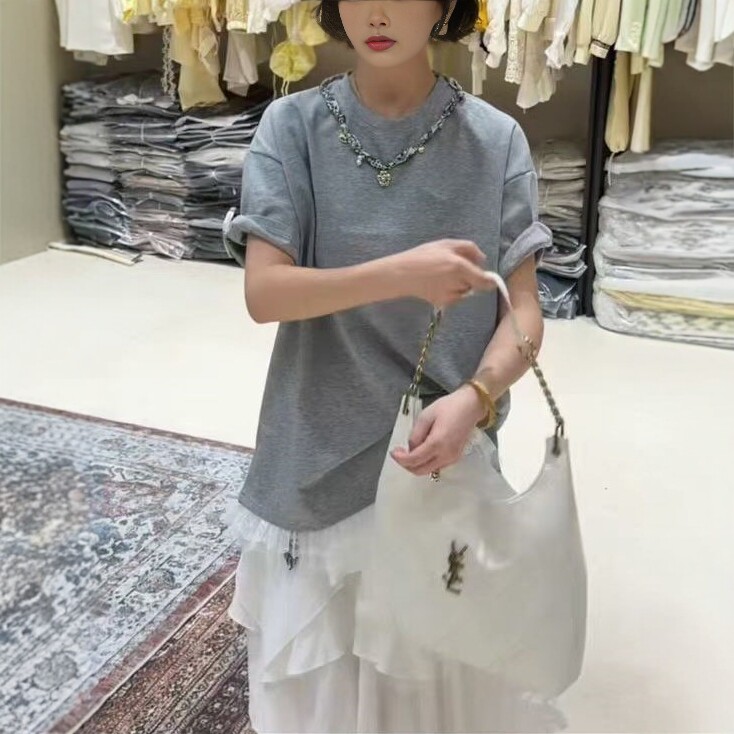 时尚百搭蕾丝拼短袖灰色t恤女2026新款春夏欧洲站叠穿中长款显瘦
